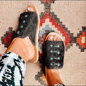 Cowhide Turquoise Leather Slides